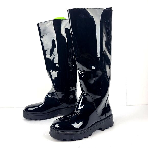 Aerosoles Slalom Knee High Boots Pull on Lug Sole Black Wet look 7M - Picture 1 of 13